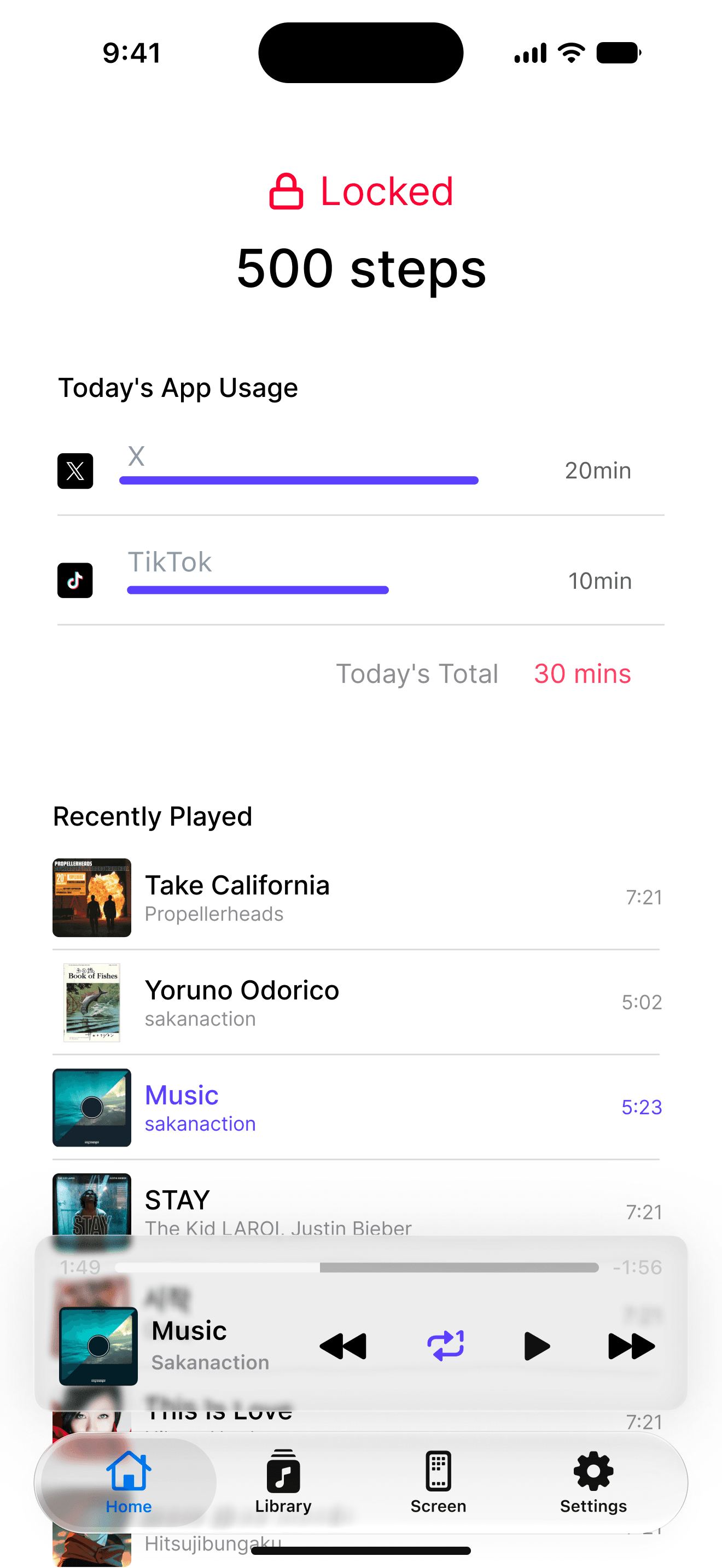 DopaWalk's Home tab, showing the locked state, 500 steps, today's app usage, and recently played tracks.