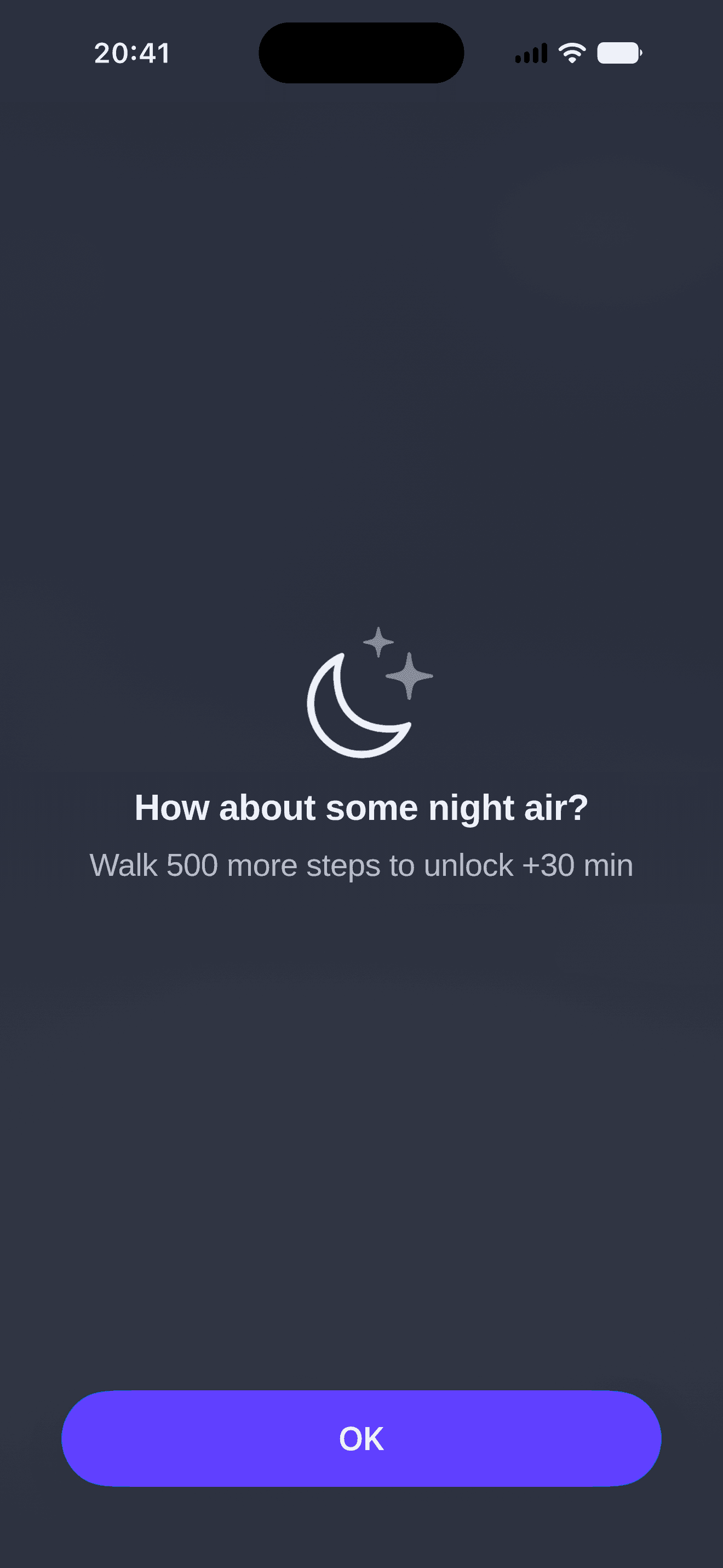 DopaWalk's night lock screen, asking if you want some night air, with 500 steps left to unlock another 30 minutes.